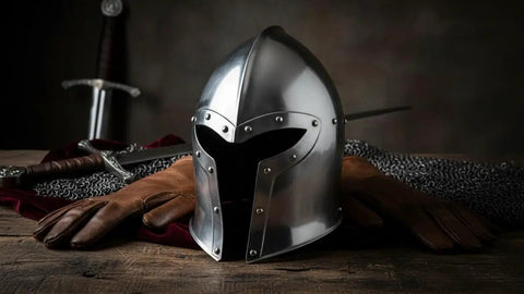 Medieval Barbuta Helmet With Liner for Larp, Cosplay, Halloween and Theatrical Props on rustic table with gloves and sword