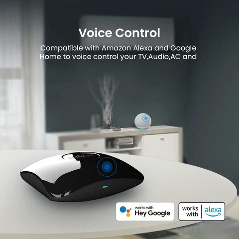 WiFi Universal Remote For IR And RF 433 And 315MHz With Fixed Code No Encryption 50K IR Database shown with smart devices in living room