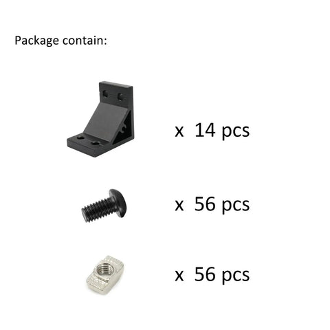 Image showing 14 Pack 2040 Aluminum Extrusion Corner Brackets 90 Degree Right Angle L Connectors with T Slot Nuts and Bolts package contents.