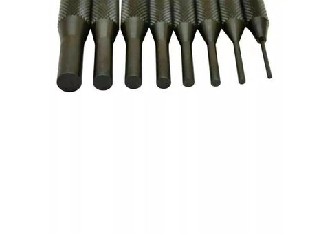 Hardened And Ground Short Drive Pin Punch Set, 8 Pieces, Beefy Pro Grade Pin Punch Kit For Removing And Installing Pins, Roll Pins And Dowel Pins In Machinist, Automotive, Engineering And Workshop Use, close-up of 8 black steel punches