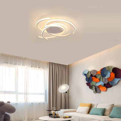 Remote Controlled Dimmable LED Ceiling Light For Living Room And Kitchen Modern Spiral Flower Flush Mount Chandelier White Finish 22 Inch Diameter 72W LED Bulb Included Aluminum And Acrylic Easy Dim With Remote in modern living room setting