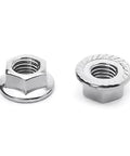 Close-up of 4 Piece M12 X 1.25mm Pitch Serrated Flange Nut Set Hex Lock Nuts Self Locking For Anti Loosening, Beefy Stainless Steel 304, Industrial Grade