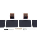 Disassembled parts of Pair Of Universal Wood Design Speaker Stands For Bookshelf Speakers And Studio Monitors, with accessories shown.