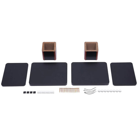 Disassembled parts of Pair Of Universal Wood Design Speaker Stands For Bookshelf Speakers And Studio Monitors, with accessories shown.