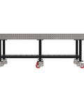 Pro Shop Heavy Duty Welding Fixture Table With Precision Laser Cut Grid Powder Coated Steel Frame Six Rolling Caster Wheels And Bottom Storage Rack For Makers side view with caster wheels and storage rack.