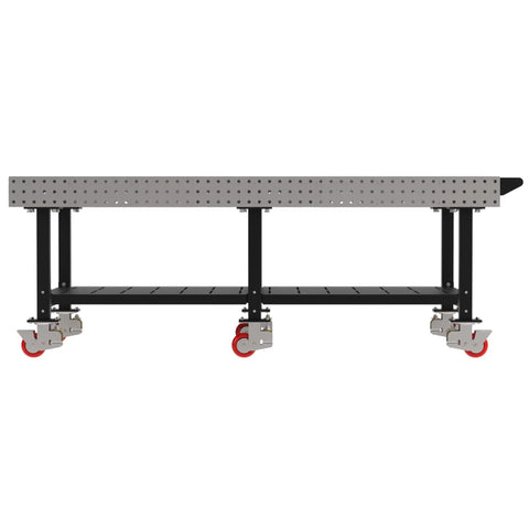Pro Shop Heavy Duty Welding Fixture Table With Precision Laser Cut Grid Powder Coated Steel Frame Six Rolling Caster Wheels And Bottom Storage Rack For Makers side view with caster wheels and storage rack.