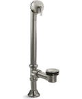 Beefy Solid Brass Bathtub Drain With Adjustable Trip Lever Pop Up Action In Smooth Nickel Finish, tube and stopper design for easy installation.