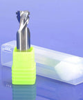 Front view of neon-green CNC router bit with tungsten carbide end mill beside a transparent plastic case.