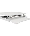 Sit To Stand Computer Desk With Pull Out Keyboard Tray Ergonomic Office Workstation featuring a white retractable tray and smooth rise adjustment.