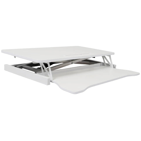 Sit To Stand Computer Desk With Pull Out Keyboard Tray Ergonomic Office Workstation featuring a white retractable tray and smooth rise adjustment.