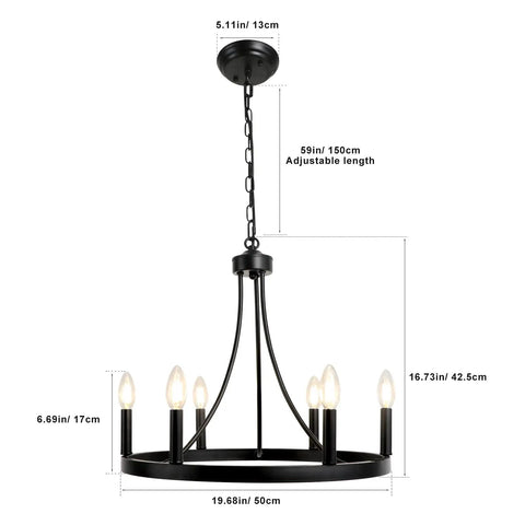 Six Light Wagon Wheel Chandelier In Black Industrial Farmhouse Style with dimensions shown, rustic round wrought iron design.