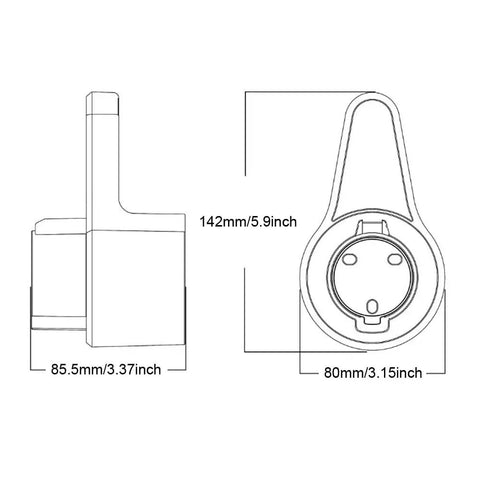 Heavy Duty EV Charger Wall Mount Holder For SAE J1772 Electric Vehicle Nozzle, dimensions 142mm x 85.5mm, detailed line drawing.