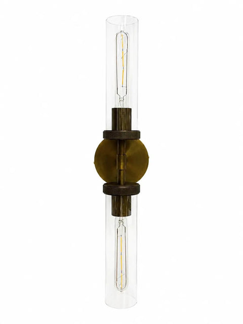 LumoCraft 22 Inch Hardwired Bronze Wall Sconce Clear Glass 2 Light Bathroom Sconce Living Room Wall Sconce for Bedroom (Bulb Included) with clear glass tube and brass accents.