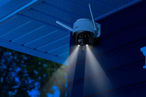 2K Pan Tilt Outdoor WiFi Security Camera for Home or Business with night vision and light under roof eave