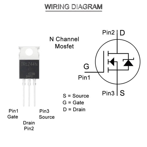 20 Pack IRLZ44N IRLZ44NPBF N-Channel MOSFET Transistors TO-220AB 55V 47A With Heatsinks And Hardware Includes Screws Washers For DIY Power Electronics Projects And Hobbies, pinout diagram