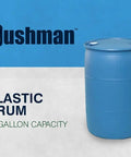 Heavy Duty 55 Gallon Plastic Drum Stackable Industrial Storage Barrel Chemical Resistant Liquid Container Made From Tight Head High Density Polyethylene In Blue standing upright with labels visible