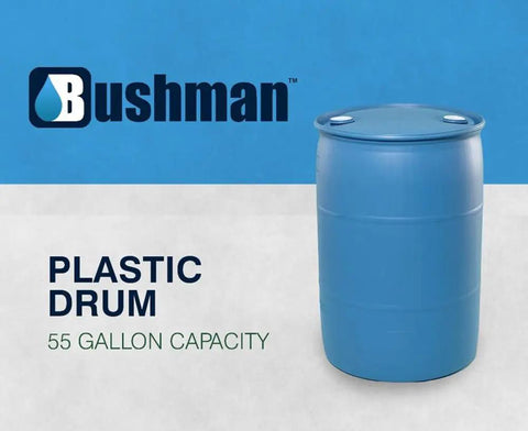 Heavy Duty 55 Gallon Plastic Drum Stackable Industrial Storage Barrel Chemical Resistant Liquid Container Made From Tight Head High Density Polyethylene In Blue standing upright with labels visible
