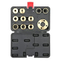 Badass 11 Piece Brass Router Guide Bushing Kit With Eight Sizes Lock Nuts And Template Adapter, shown in storage case with brass bushings.
