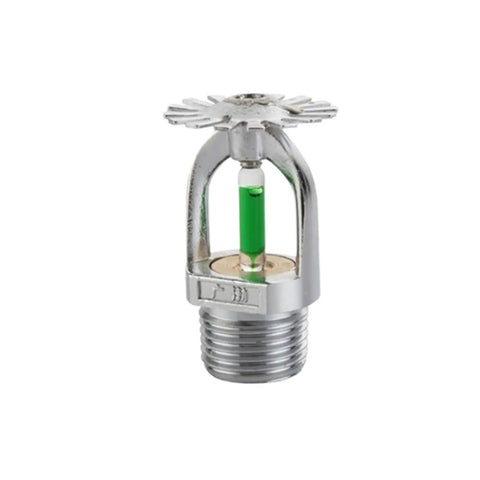 Top Shelf One Half Inch Thread Pendent Fire Sprinkler Head Quick Response At Ninety Three Celsius Rock Solid Nickel Copper Build Flawless Water Spray For Kitchens And Boiler Rooms with green indicator.