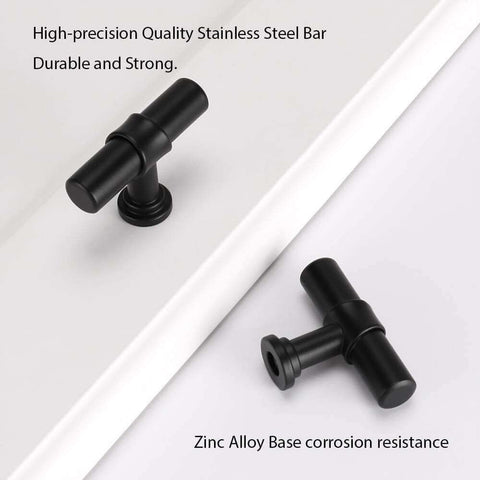 10 Pack Black Cabinet Knobs With Single Hole T Bar Pulls, 2 Inch Overall Length, 34mm Height, 12mm Diameter, Durability