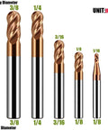 Five-piece carbide ball-nose end mill set, TiSiN coated, 4-flute, sizes 3/8, 1/4, 3/16, 1/8, 1/16 in alloy steels