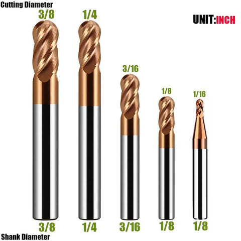 Five-piece carbide ball-nose end mill set, TiSiN coated, 4-flute, sizes 3/8, 1/4, 3/16, 1/8, 1/16 in alloy steels