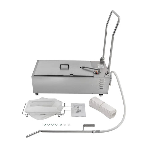 Kickass Mobile Fryer Oil Filter Cart Boasting A Beefy 55 Liter And 14.5 Gallon Tank Built To Last With Slick 201 Stainless Steel Walls Plus A Snappy 10 Liter Per Minute Flow Rate For Fast Grease Removal In Pro Kitchens, featuring a sleek design, accessories, and motorized components.