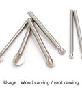 Rock Solid Workhorse White Steel Wood Milling Cutter Bit For Root Carving And Woodworking. 4Mm Shank Fits Most Handheld Grinders shown in various angles.