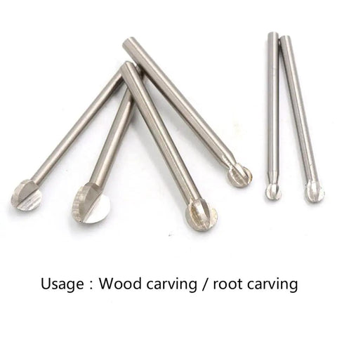 Rock Solid Workhorse White Steel Wood Milling Cutter Bit For Root Carving And Woodworking. 4Mm Shank Fits Most Handheld Grinders shown in various angles.