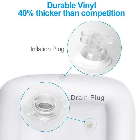 Close-up view of durable vinyl construction with inflation and drain plug on an Inflatable Party Bar Cooler And Serving Station For Pool Parties And Picnics Big Foldable Buffet Ice Tray With Drain Plug For Indoor Outdoor BBQ Luau And Backyard Hangouts.