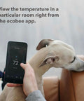 SmartSensor 2-Pack for Temperature and Occupancy Detection, Keeps Rooms Cozy by Relaying True Room Temp to Your Thermostat Up to 60 Feet Through Walls, Hands-Free Auto-Adjusts Temperature, Real-Time Occupancy Awareness, Simple Smart Home Upgrade. Ecobee app on phone showing room temperature.
