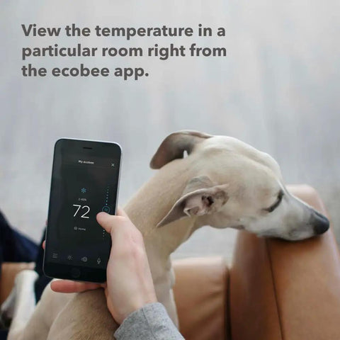 SmartSensor 2-Pack for Temperature and Occupancy Detection, Keeps Rooms Cozy by Relaying True Room Temp to Your Thermostat Up to 60 Feet Through Walls, Hands-Free Auto-Adjusts Temperature, Real-Time Occupancy Awareness, Simple Smart Home Upgrade. Ecobee app on phone showing room temperature.