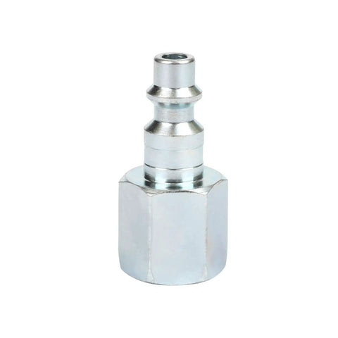 Industrial Air Plug Set With One Quarter Inch Body And Three Eighth Inch NPT Female Threads, zinc-plated for corrosion resistance.