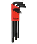 Long Reach Hex Key Set 9 Piece Allen Wrench Kit 1.5mm To 10mm For Tight Spots Heavy Duty Steel in red case, USA made tools.