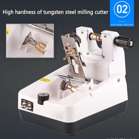 Heavy Duty Electric Lens Thinning Machine For Glasses Cutting And Grinding With Tungsten Steel Milling Cutter showing tungsten cutter and controls.