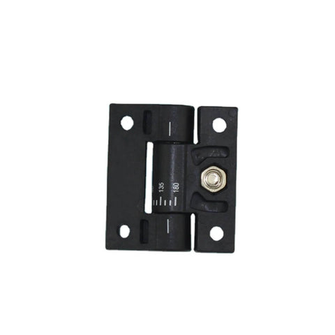 Front view of a single black plastic torque hinge for cabinet doors with adjustable swing limit