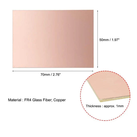 Double Sided Copper Clad FR4 PCB Board 70x50mm 1mm Thick Eight Pack for DIY Prototyping and Electronics Projects diagram showing size and material