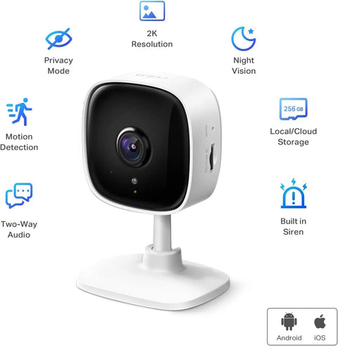 2K Indoor Wired Security Camera For Home Use With Baby Monitor And Pet Cam, features icons for 2-way audio, night vision, and built-in siren