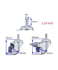 Four Pack Silent TPE Furniture Caster Wheels One Inch Plus Two Inch with screw base, gray design, dimensions shown in image.
