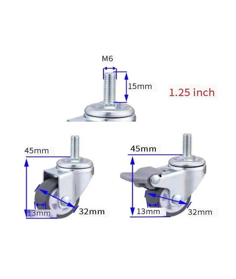 Four Pack Silent TPE Furniture Caster Wheels One Inch Plus Two Inch with screw base, gray design, dimensions shown in image.