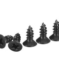 Ridiculously Strong One Hundred Pack Of Number Four By Quarter Inch Black Flathead Wood Screws Tough Self Tapping Fasteners Kickass Hardware For Diy Projects And Cabinetry, showing several black flathead wood screws.