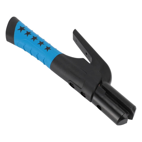Welding electrode holder with insulated blue grip and multi-angle clamp, front view