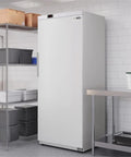 Heavy Duty Commercial Kitchen Workhorse Upright Freezer With Auto Defrost System For Twenty One Cubic Feet Storage in a clean kitchen setting.