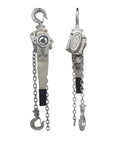 Heavy Duty Stainless Steel Lever Hoist Manual Chain Block With Built In Sling Lifting Tool for Rigging And Industrial Jobs 1.5 Ton Capacity side view with chains and hooks