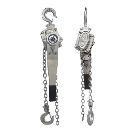 Heavy Duty Stainless Steel Lever Hoist Manual Chain Block With Built In Sling Lifting Tool for Rigging And Industrial Jobs 1.5 Ton Capacity side view with chains and hooks