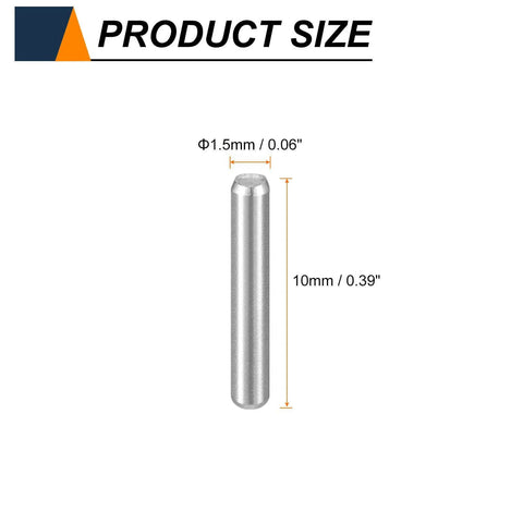 100 Pack Dowel Pins M1.5 By 10mm Stainless Steel 304 Heavy Duty Cylindrical Shelf Pegs, front view with dimensions