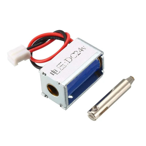 Heavy Duty DC 24V Pull Type Electromagnet Open Frame Actuator For Code Lock Door Lock, Linear Motion Magnetic Lock Module, Easy Install, 11.52W Power, Plug And Play Ready, Great For Home Appliances And Vending Machines, 24V DC open-frame electromagnet with wire connector and plunger