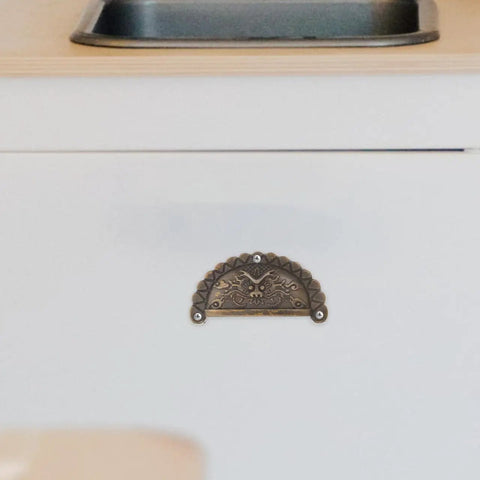 Antique Bronze Lion Head Cabinet Pulls 2.75 Inch Vintage Half Round Dresser Handles For Wardrobe Cupboard Drawer Hardware, installed on drawer