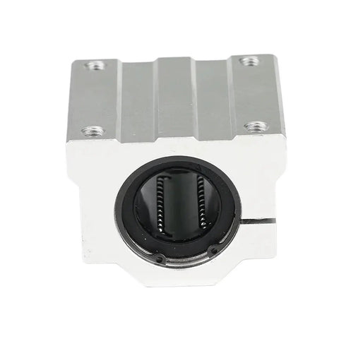 One Pc SC10AJ Linear Motion Ball Bearing Slider Block Run Clean And Track Smooth On CNC Setups And 3D Printers Heavy Duty Bushing view from the front, showcasing silver metal housing and black inner race.
