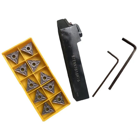 Lathe Turning Tool Holder Set With Carbide Inserts 16mm Shank Right Hand CNC Cutter, includes 10 inserts, 2 wrenches, and MTENN1616H16 holder